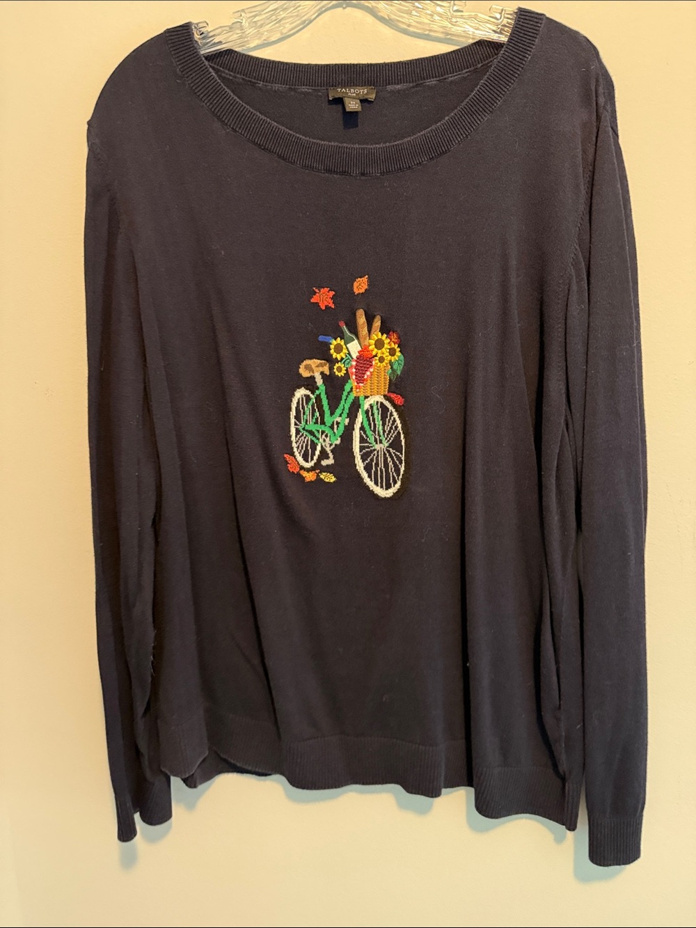 Talbots Navy Crewneck Sweater with Embroidered Bicycle and Floral Basket